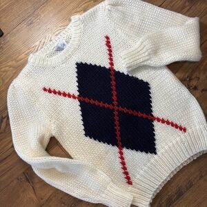 VTG 1960s/70s Little Lisa LTD Argyle Sweater Preppy Retro Ivory Navy Red XS